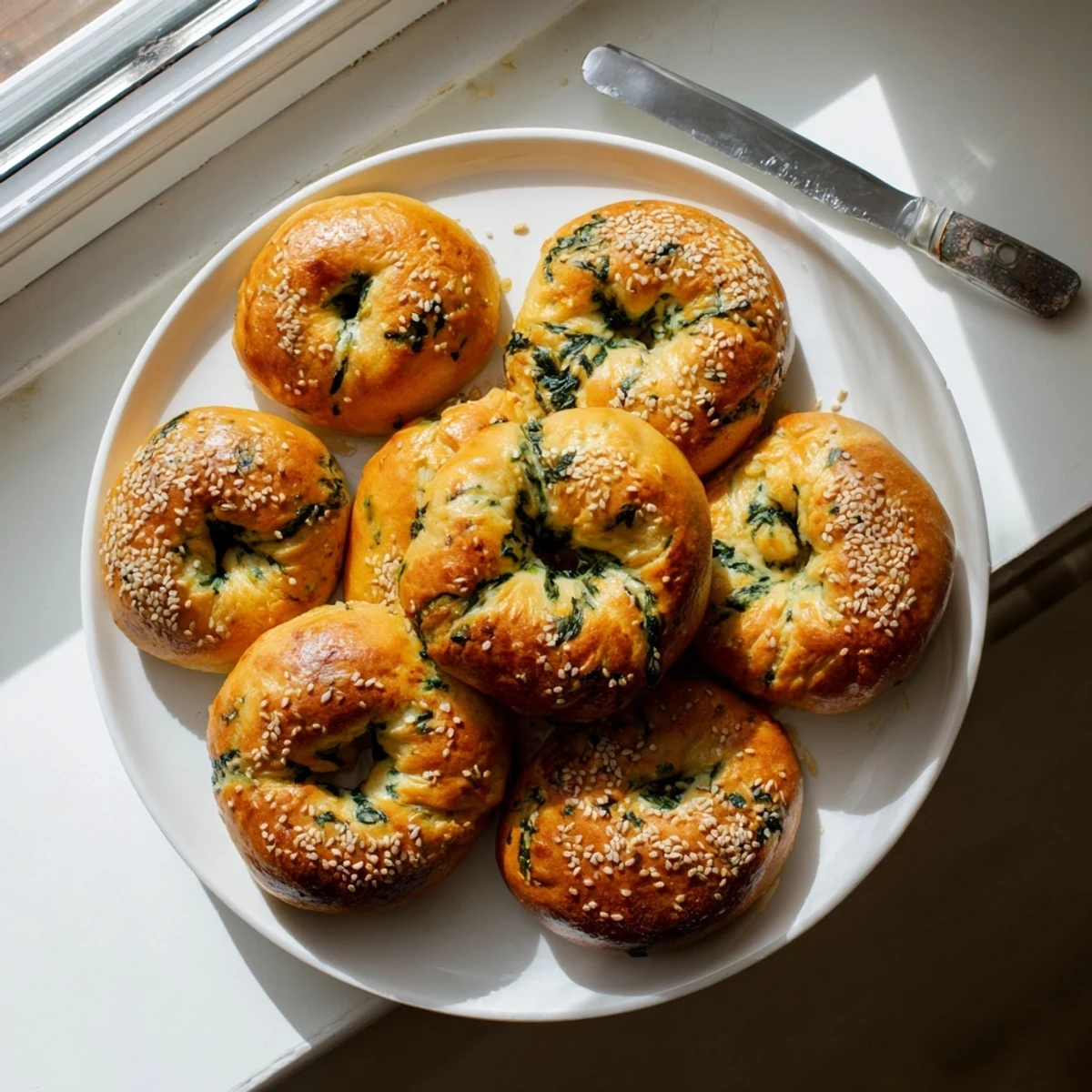 Freshly baked spinach cottage cheese flagels arranged on a rustic wooden board, topped with sesame seeds and ready to serve with butter and jam for a delicious snack.