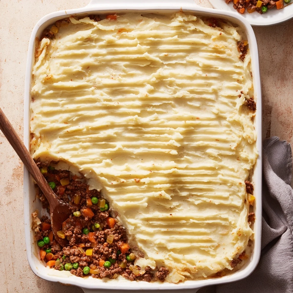 Close-up of an Easy Shepherds Pie, showing golden ridges on fluffy potatoes hiding a moist, savory meat and vegetable stew ready to be served.