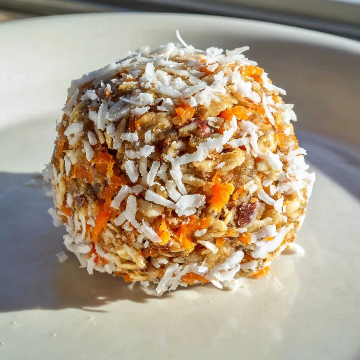 Perfect for a healthy snack, these No Bake Carrot Cake Bites are arranged on a white plate.