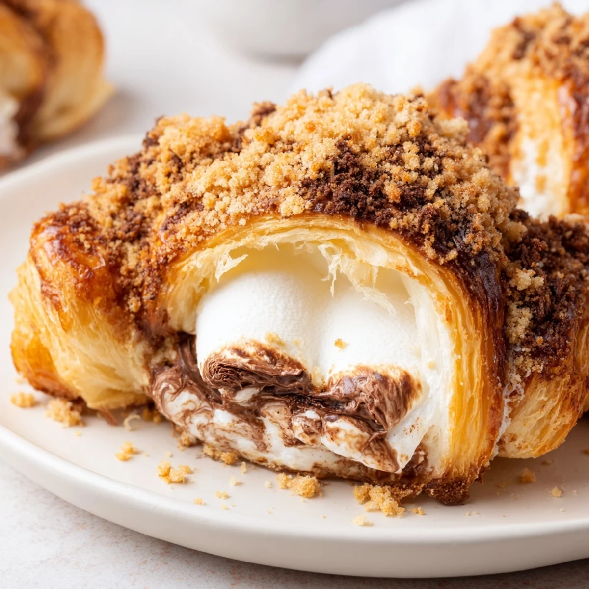 Golden-brown Smores Crescent Rolls cooling on a wire rack, with melted chocolate and marshmallow filling peeking out from flaky pastry.