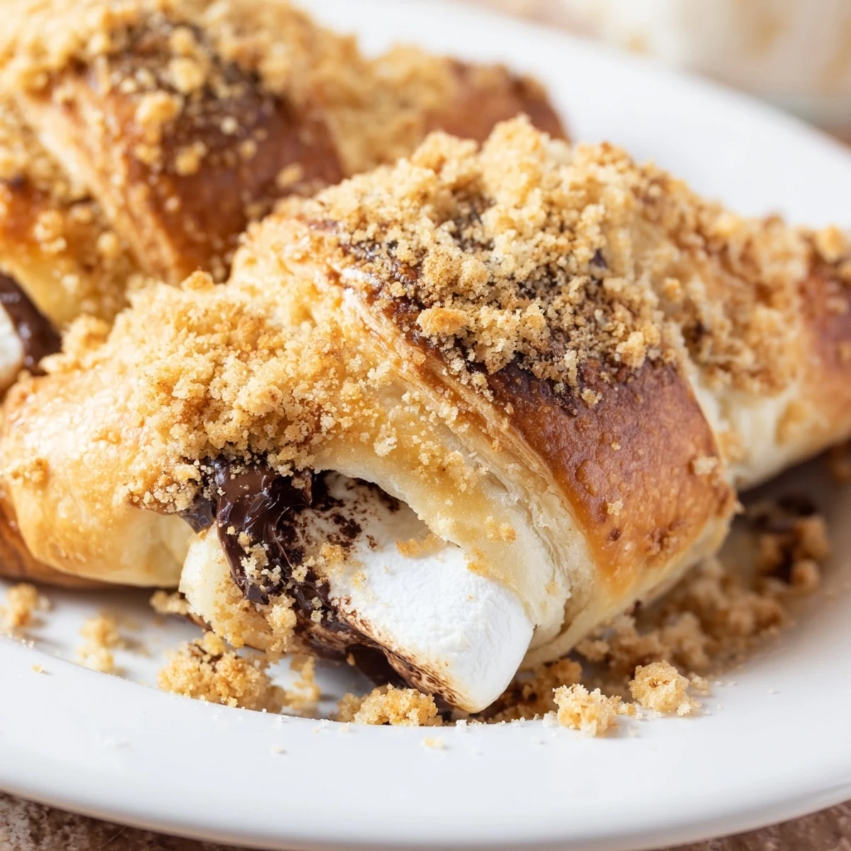 Fresh from the oven, Smores Crescent Rolls on a baking sheet, showcasing their gooey interior and buttery, flaky exterior.