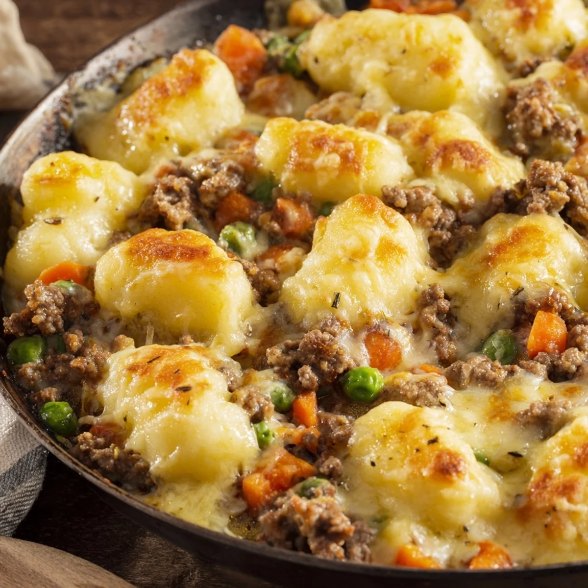 Golden brown melted cheddar and Parmesan topping the Quick Gnocchi Shepherds Pie in a skillet.