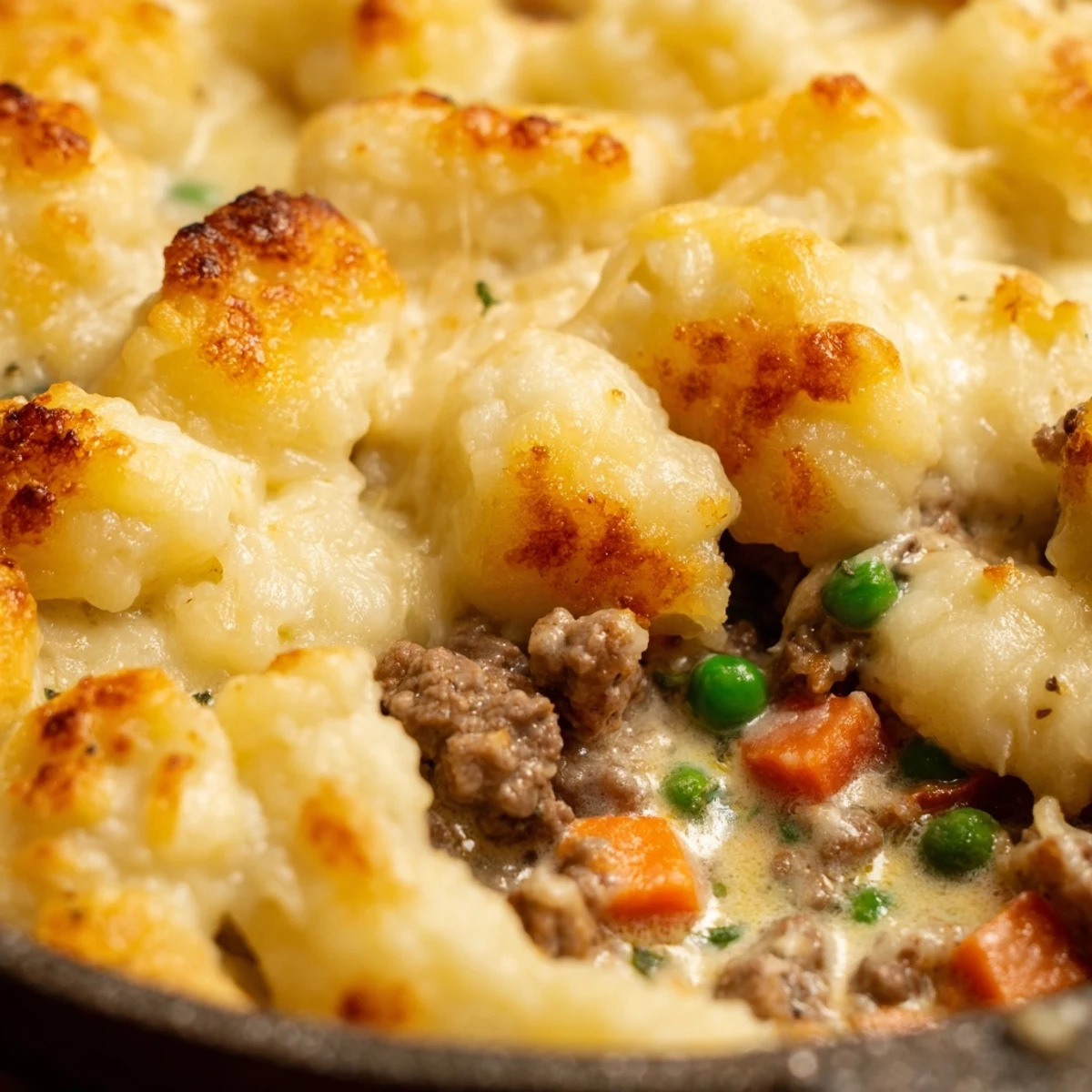 Freshly baked Quick Gnocchi Shepherds Pie served with a green salad for a complete meal.