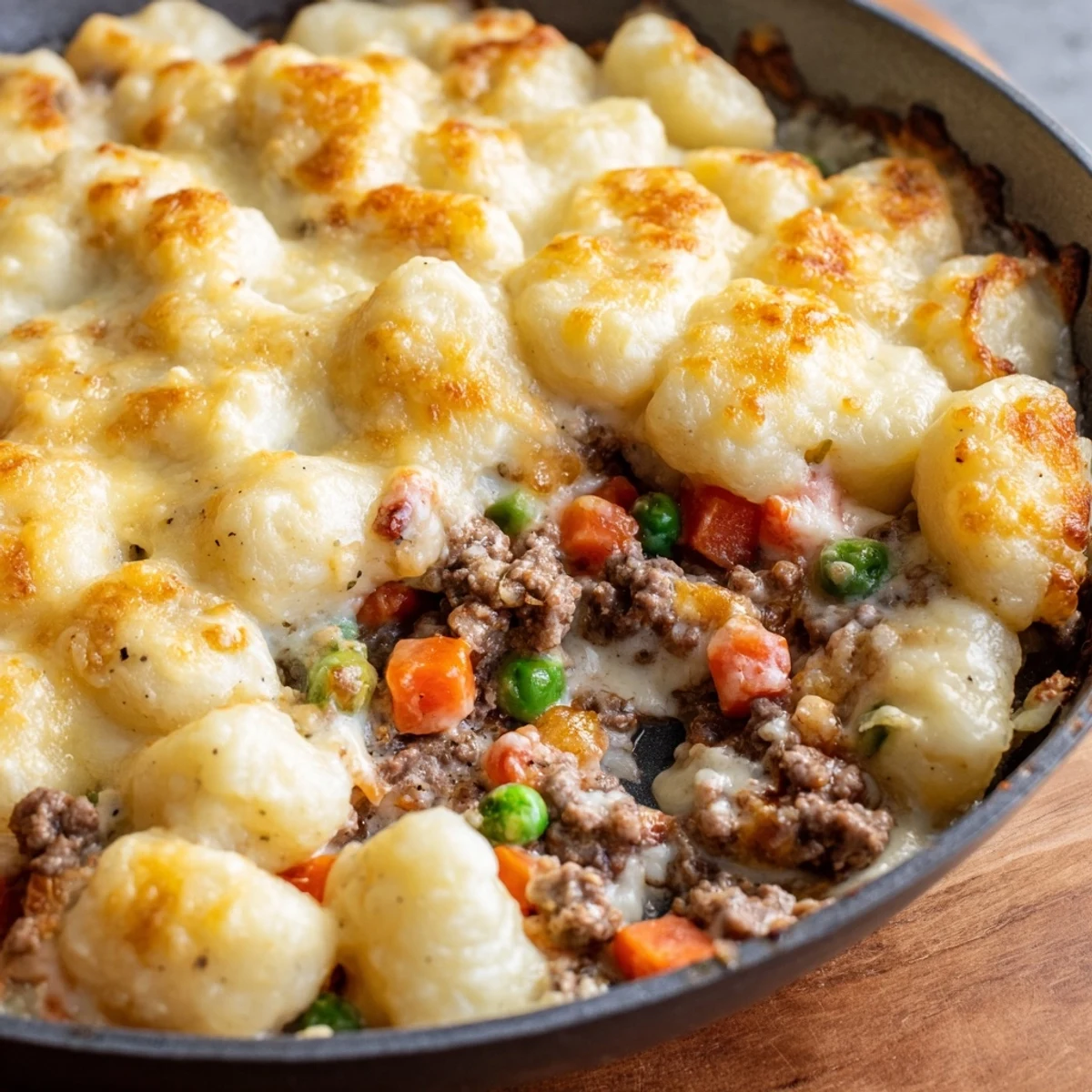Savory ground beef and peas bubbling under buttered gnocchi in this Quick Gnocchi Shepherds Pie.
