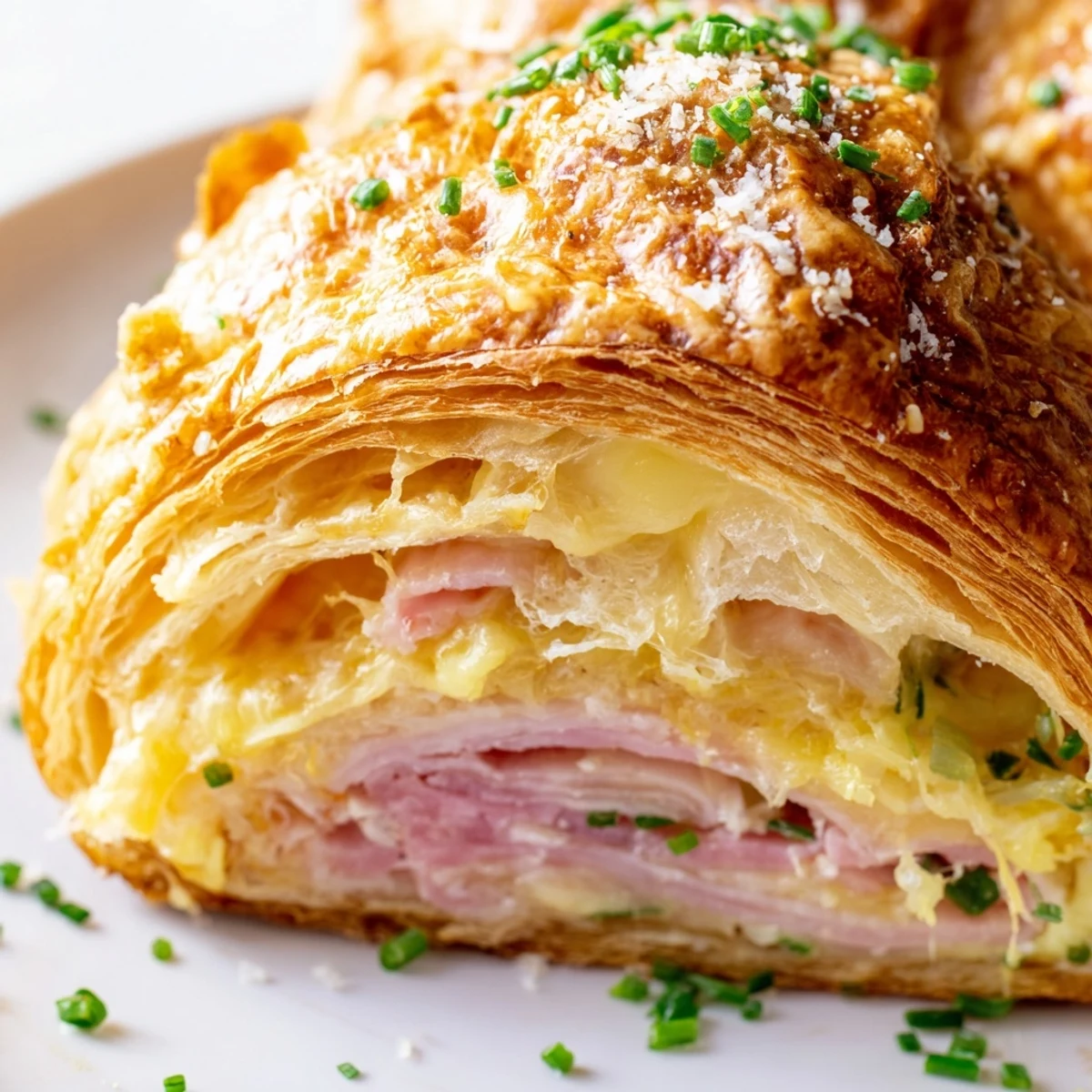 Golden Stuffed Croissants fresh from the oven, with melted cheese and ham visible inside the flaky layers.