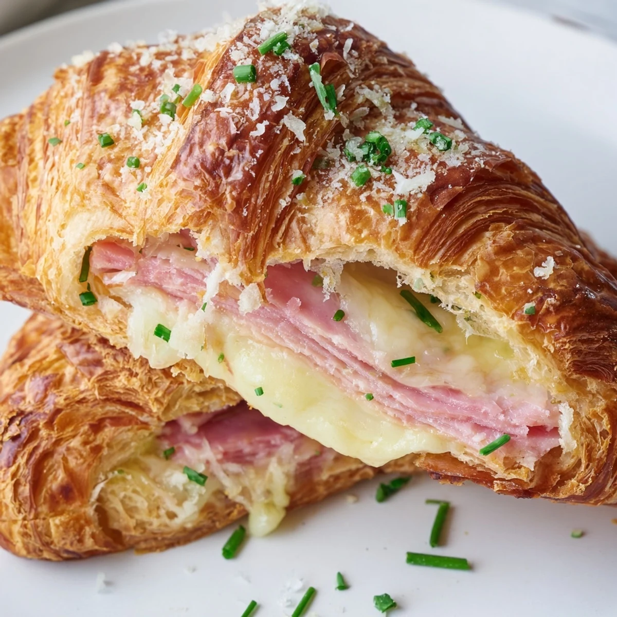 Baked Stuffed Croissants on a parchment-lined tray, showcasing a golden crust and savory filling.