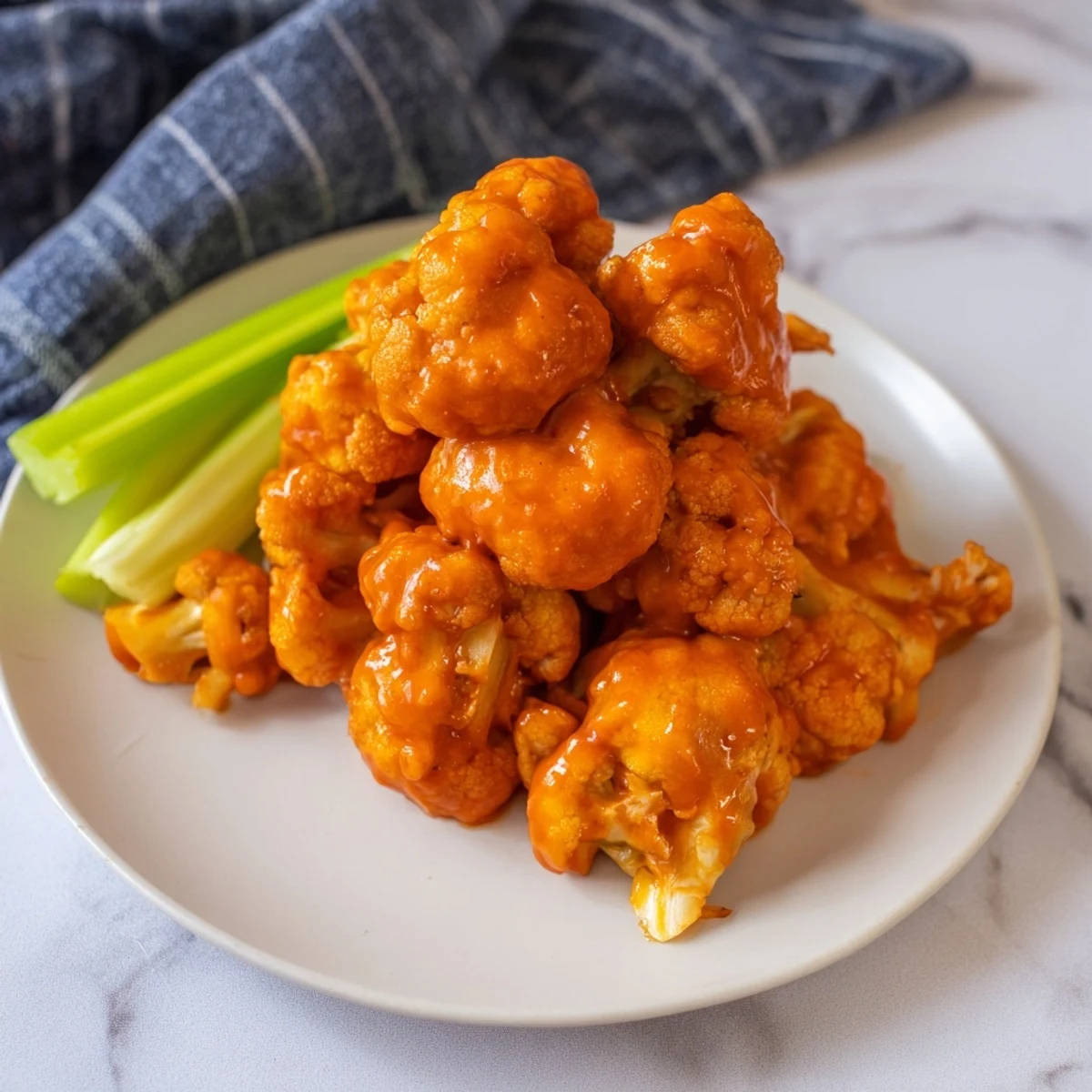 Golden, crispy air fryer buffalo cauliflower florets tossed in spicy buffalo sauce, served with blue cheese dip and fresh celery sticks for a game day snack.