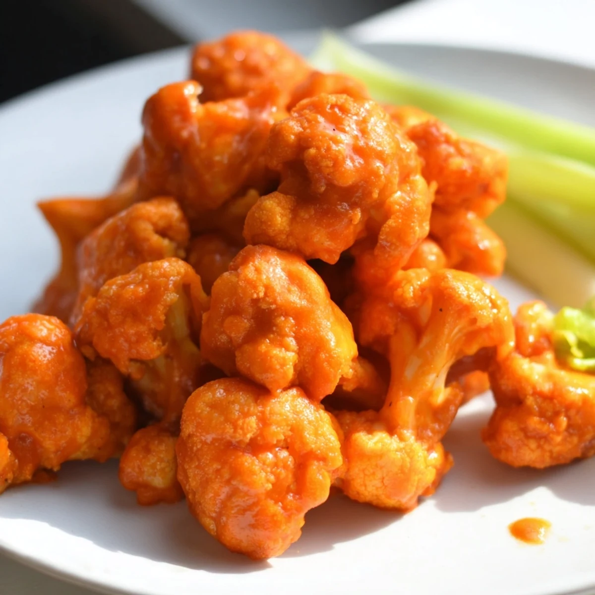 Air fryer buffalo cauliflower florets with a crunchy crust, tossed in hot buttery sauce, perfect for a vegetarian appetizer or party snack with cooling dip.