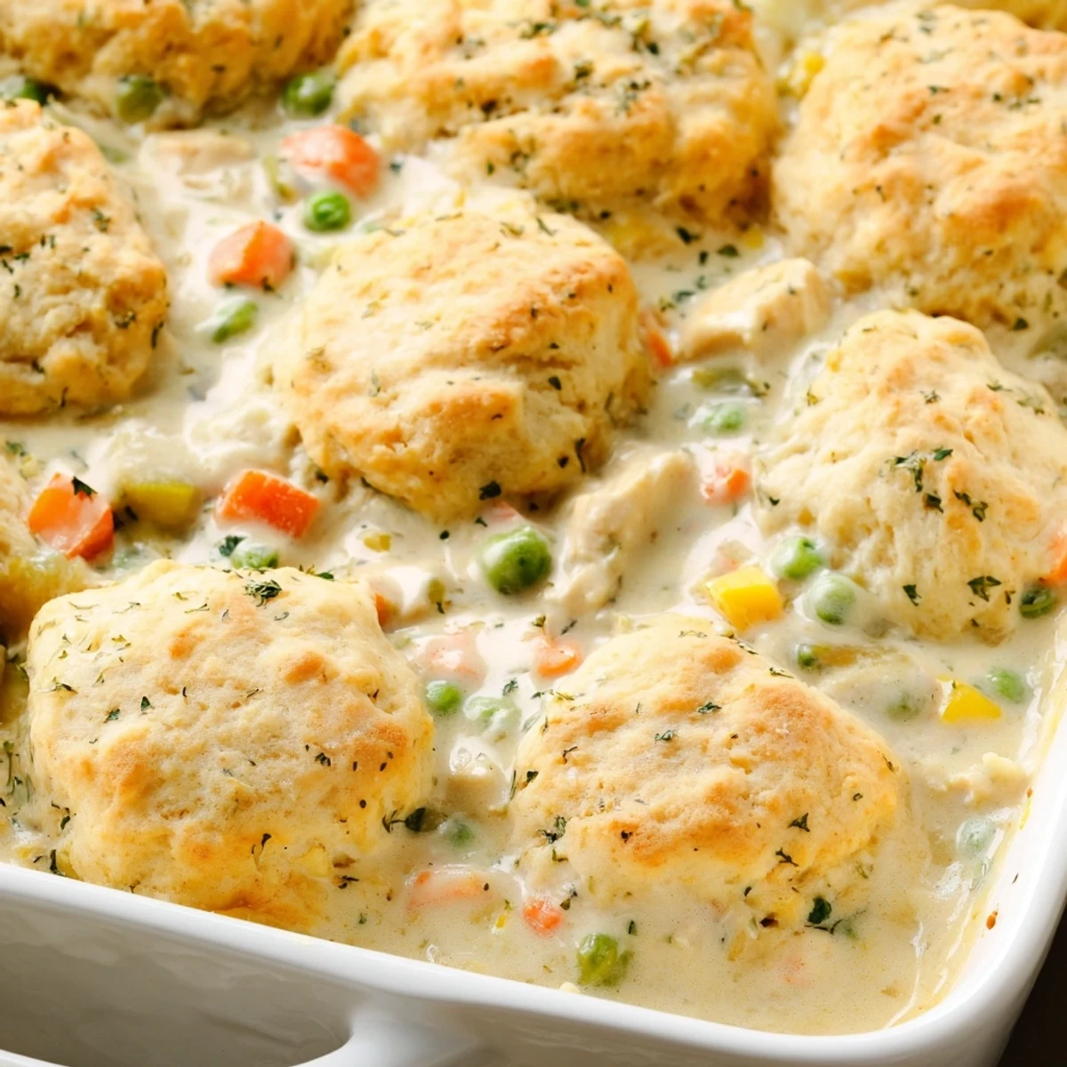 Golden-brown Red Lobster Biscuit Chicken Pot Pie emerges from the oven, revealing bubbling creamy filling and cheesy biscuit topping on a rustic table.