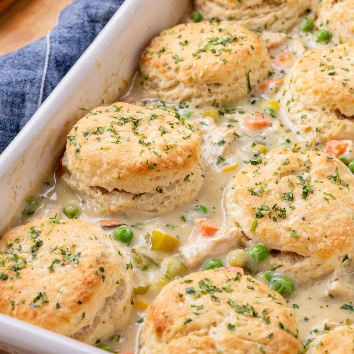 A slice of Red Lobster Biscuit Chicken Pot Pie reveals creamy chicken and peas topped with golden cheddar biscuits on a white plate.