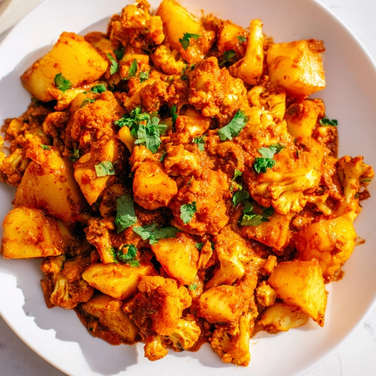 Steaming cauliflower and potato cubes in a rich, spiced butter tomato sauce, garnished with fresh cilantro and lemon wedges.