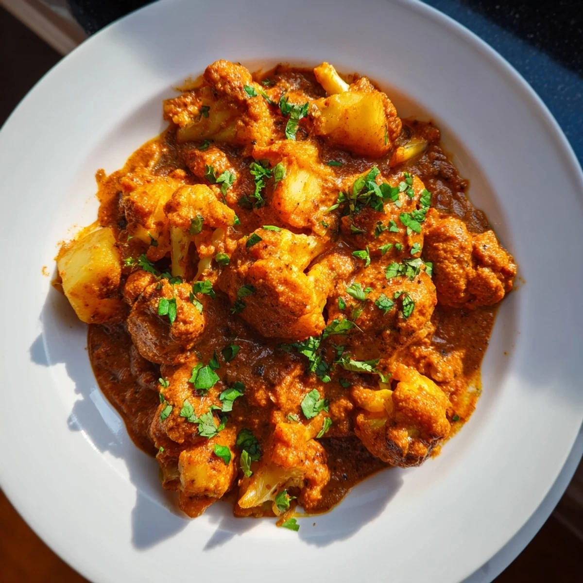 Creamy Indian Butter Spiced Potatoes and Cauliflower simmering in a golden tomato sauce, served alongside fluffy basmati rice for dinner.