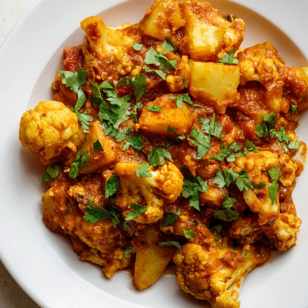 A close-up of tender Indian Butter Spiced Potatoes and Cauliflower in a vibrant, aromatic curry sauce, ready to be enjoyed.