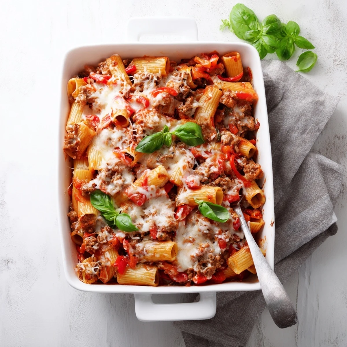 Golden, bubbly mozzarella and Parmesan cheese top the Quick Sausage Pasta Bake, revealing savory sausage and red bell peppers in a rich tomato sauce.