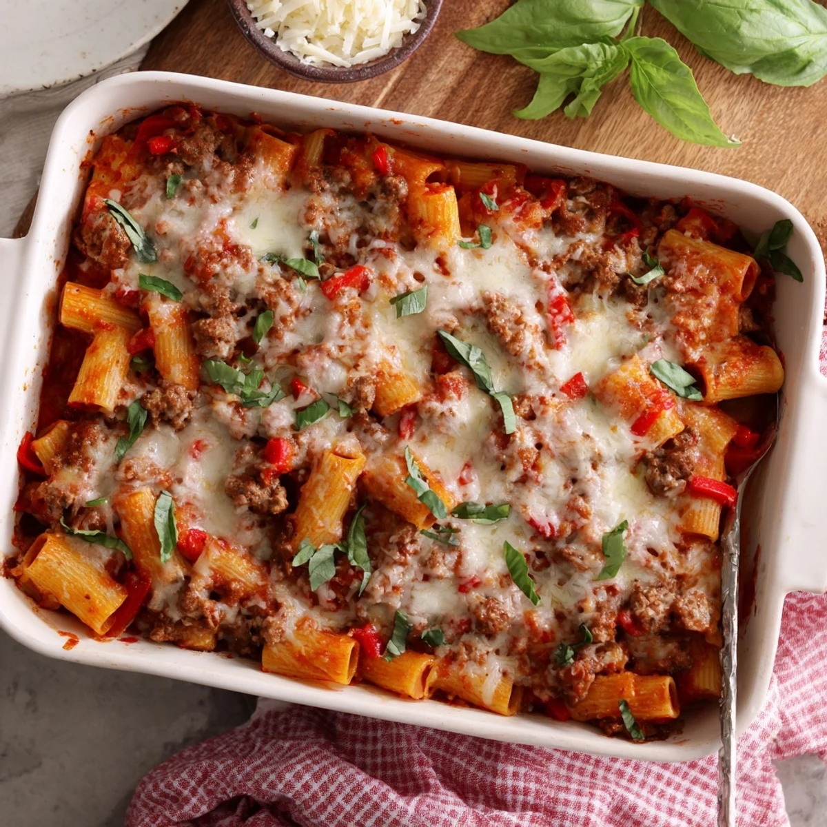 Close-up view of the Quick Sausage Pasta Bake, showing steaming, gooey cheese pulled back to reveal rigatoni and crumbled Italian sausage in a red sauce.