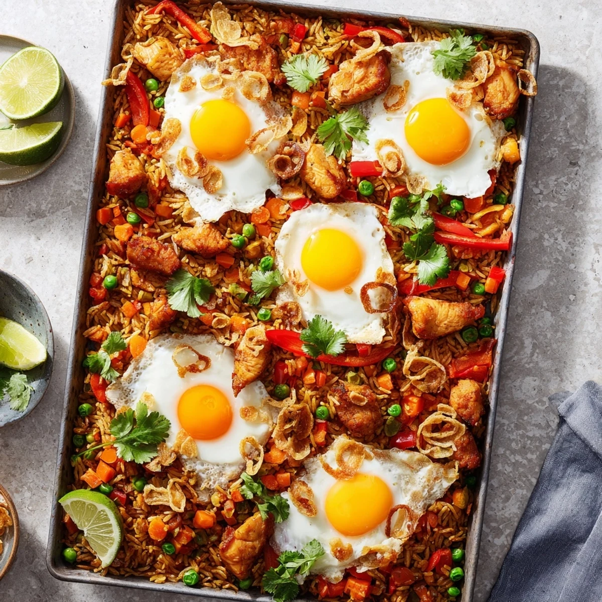 Golden-brown Nasi Goreng Tray Bake with fluffy rice, tender chicken, and vibrant peppers on a baking sheet.