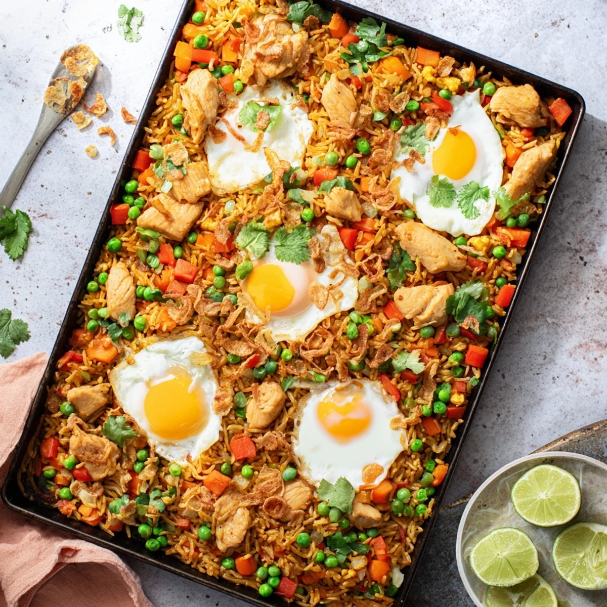 Nasi Goreng Tray Bake fresh from the oven with a sunny-side-up egg and crispy fried shallots.