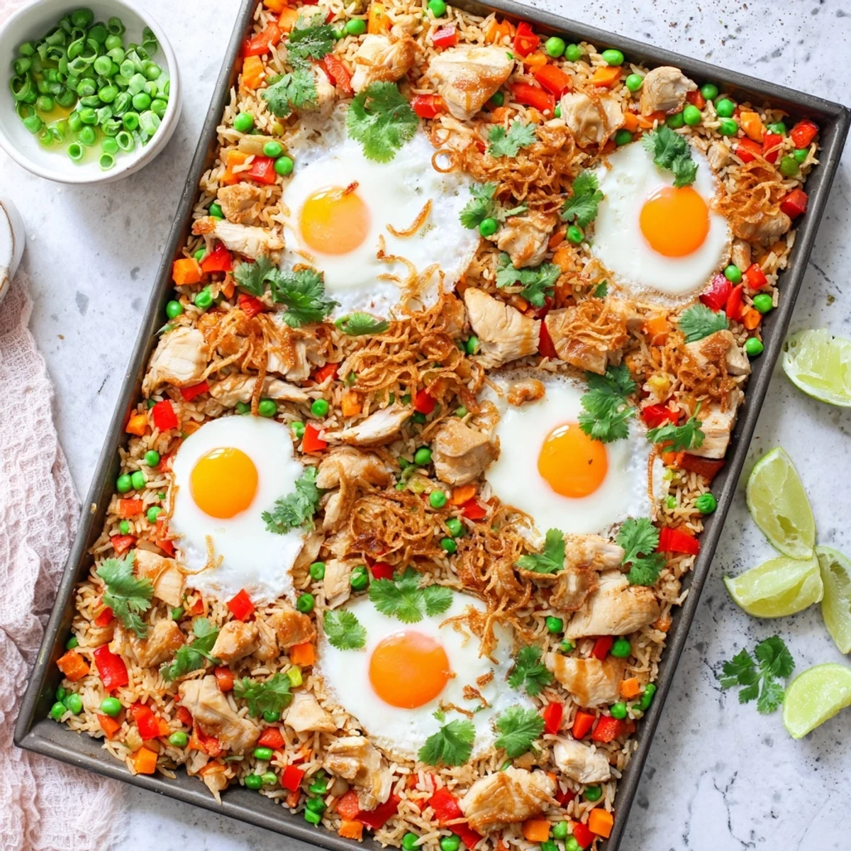 A close-up of Nasi Goreng Tray Bake garnished with cilantro and lime wedges, ready to serve.