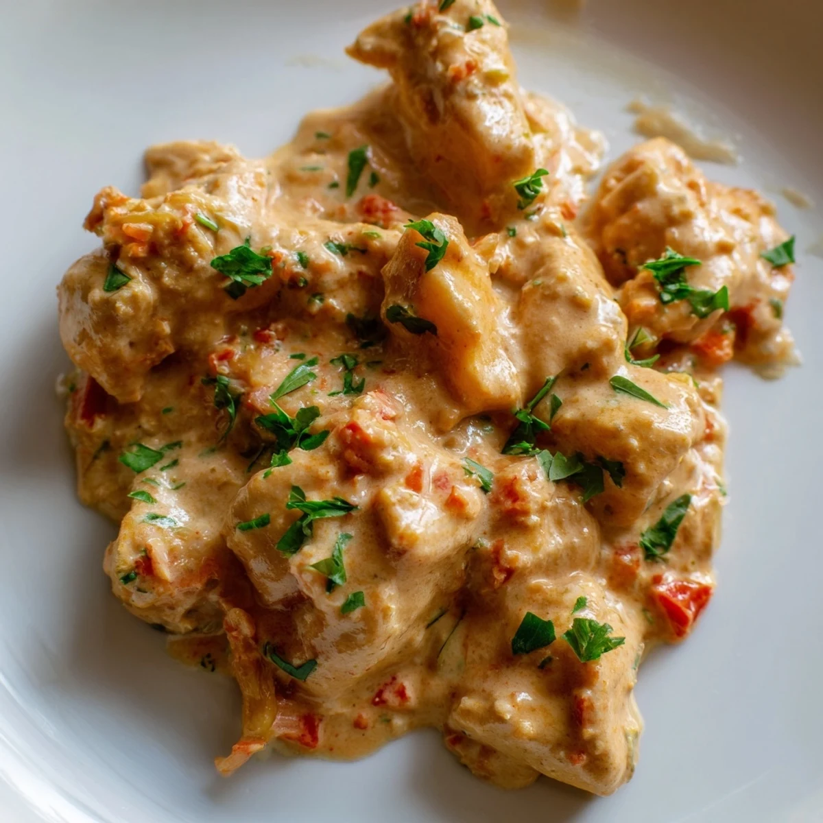 Golden-brown vegetable fritters are stacked next to a bowl of creamy Butter Chicken and Vegetable Fritters garnished with cilantro.