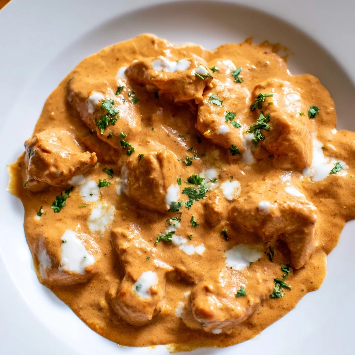 Sizzling hot Butter Chicken and Vegetable Fritters served on a rustic plate, showing rich tomato sauce and fresh herbs.