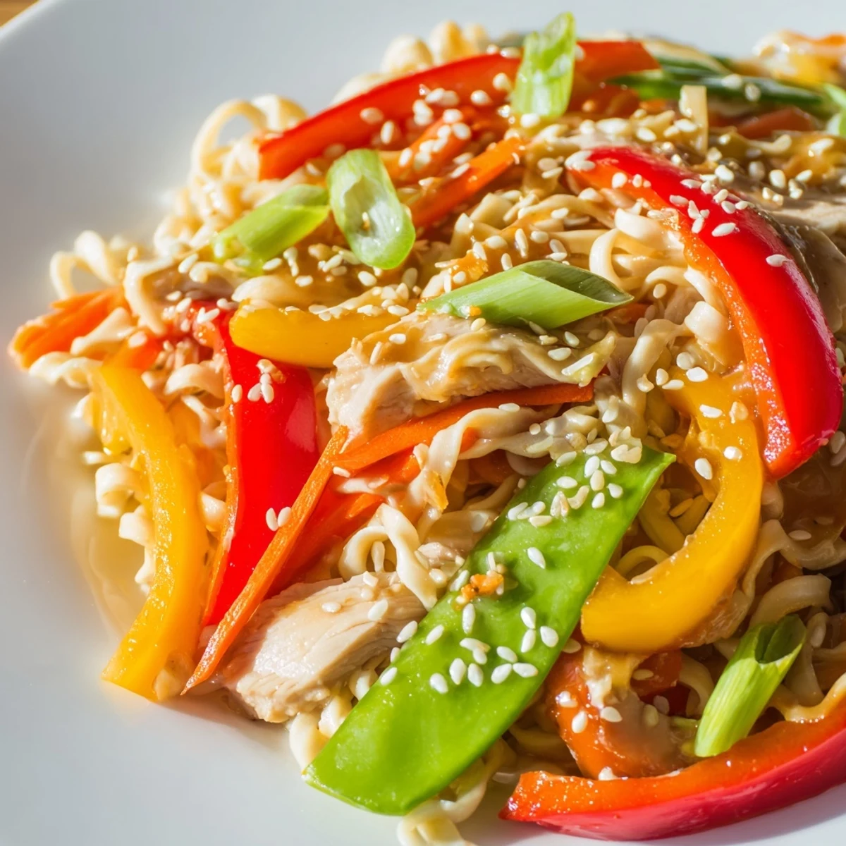 Hot sweet chilli turkey noodle stir fry garnished with sesame seeds and fresh herbs on plate.