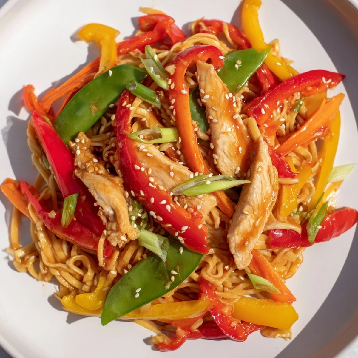 Colorful sweet chilli turkey noodle stir fry with crisp vegetables in a savory tangy sauce.