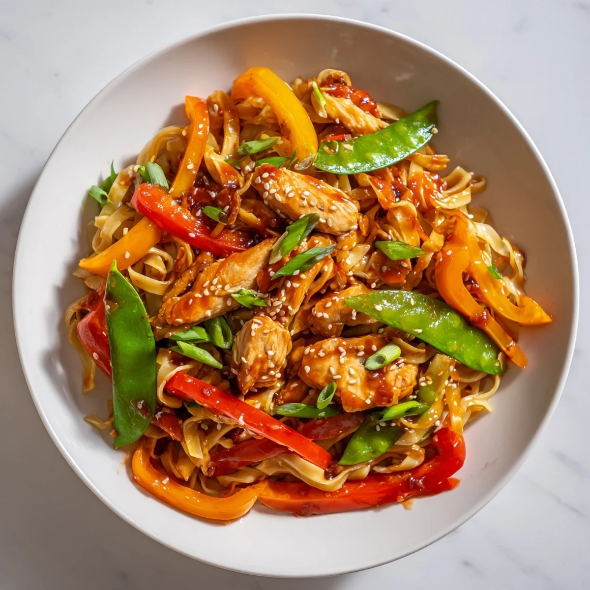 Savory sweet chilli turkey noodle stir fry served alongside a crisp green salad for dinner.