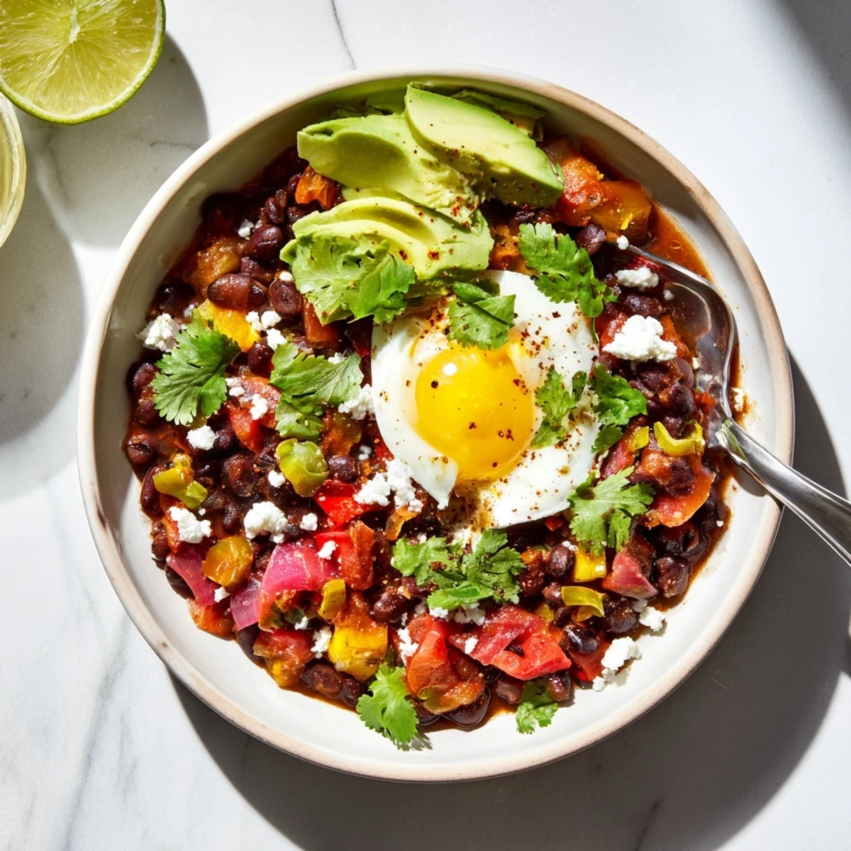 Warm Mexican Braised Beans topped with a creamy soft-boiled egg and fresh avocado slices served in a rustic bowl.