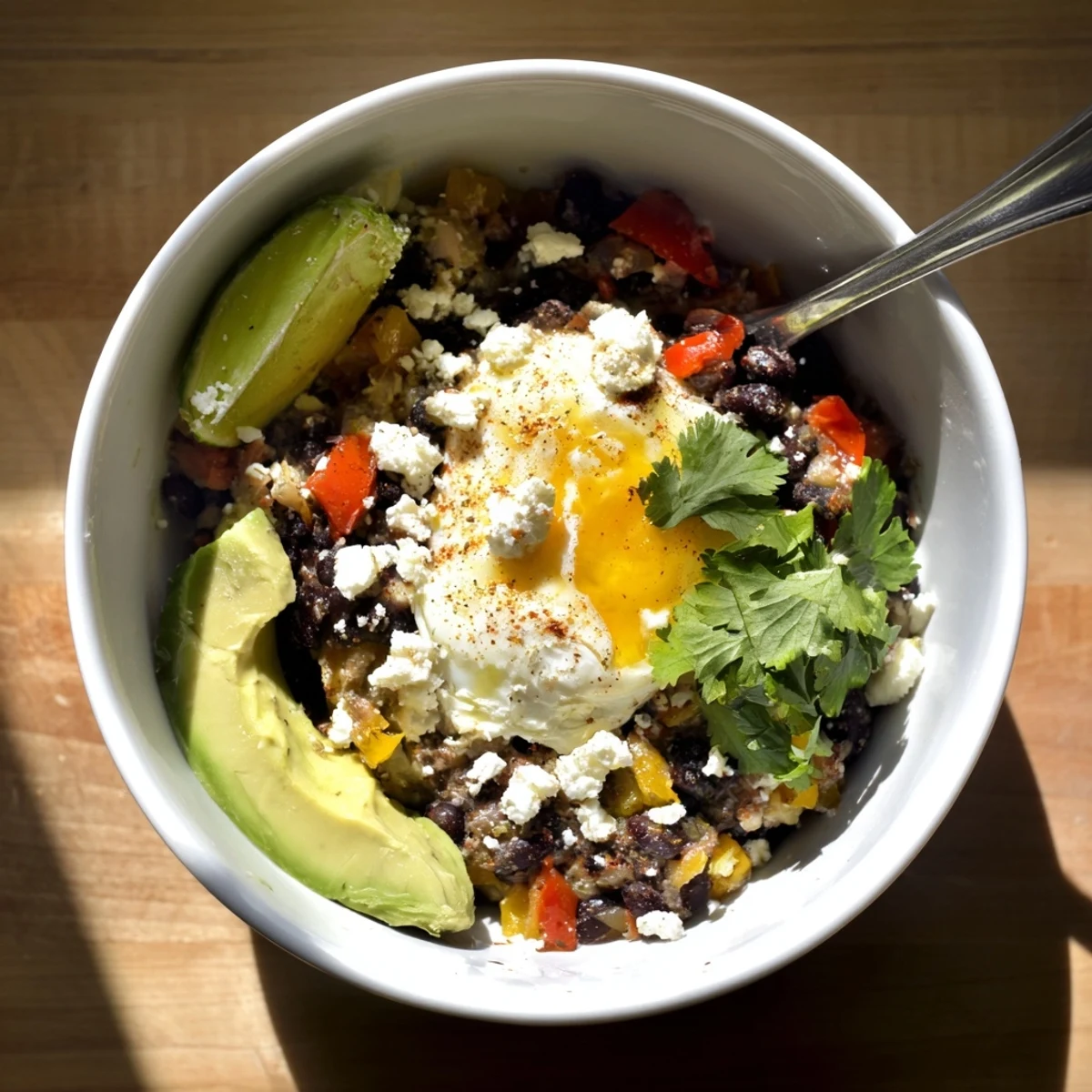 Comforting Mexican Braised Beans simmered with spices and topped with a soft-boiled egg, avocado, and cilantro garnish.