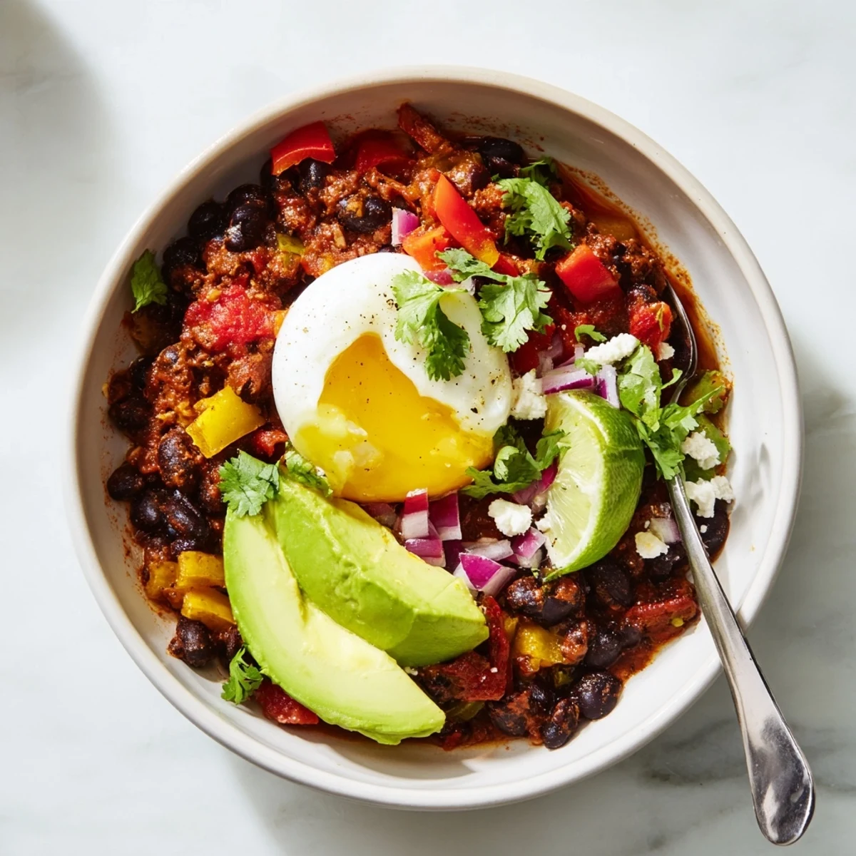 Hearty Mexican Braised Beans with a soft-boiled egg, queso fresco, and lime wedges on a colorful serving plate.