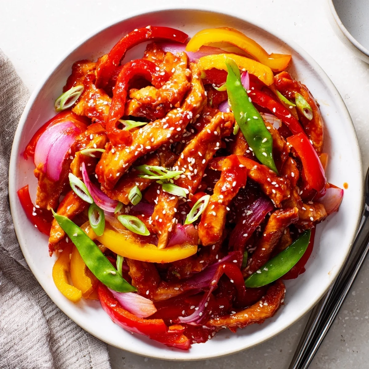 Vibrant Quick Sweet Chilli Chicken Stir Fry with colorful peppers and snap peas glistening in a skillet.