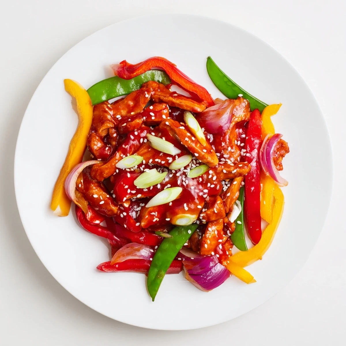 A close-up of Quick Sweet Chilli Chicken Stir Fry, tender chicken coated in glossy sauce with sesame seeds.