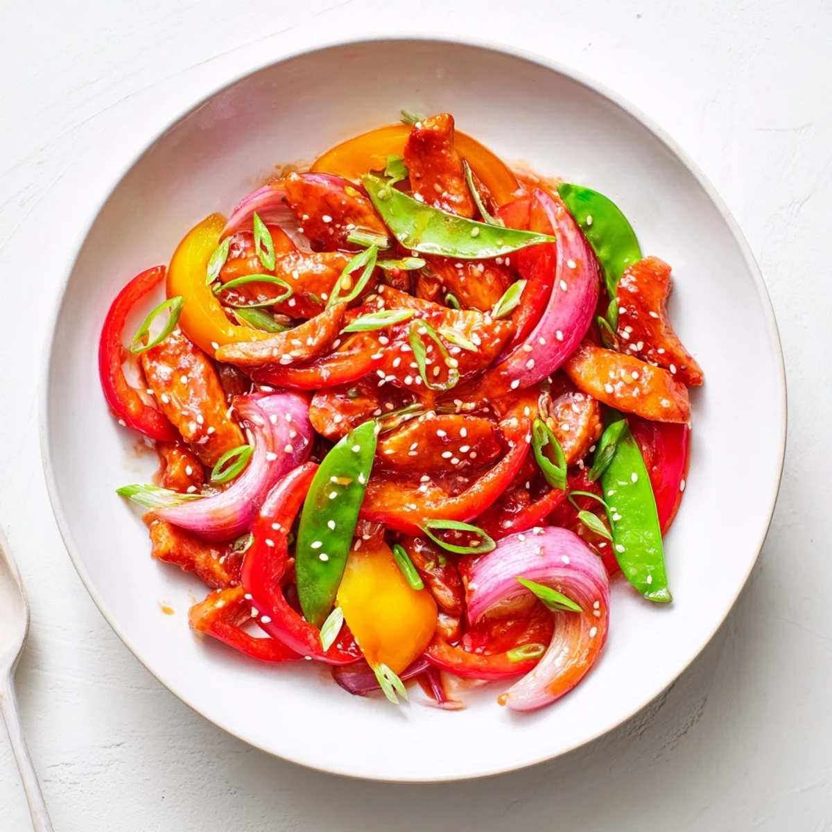 Quick Sweet Chilli Chicken Stir Fry served steaming in a bowl, ready for a busy weeknight dinner.