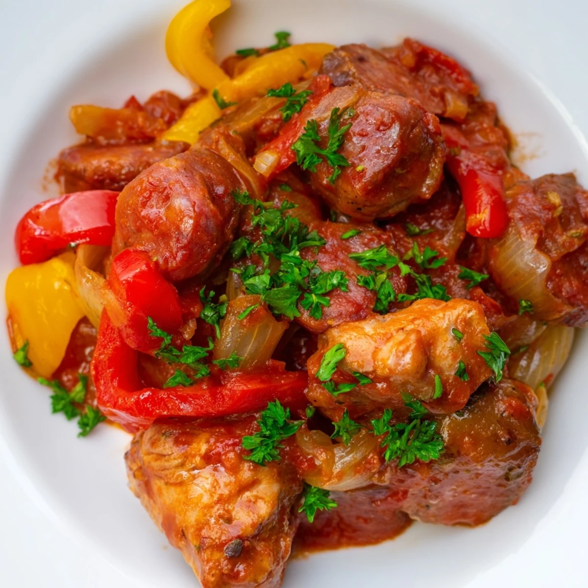 One-pan Mediterranean chicken with smoky chorizo, sweet bell peppers, and tomatoes, garnished with fresh parsley on a rustic table.