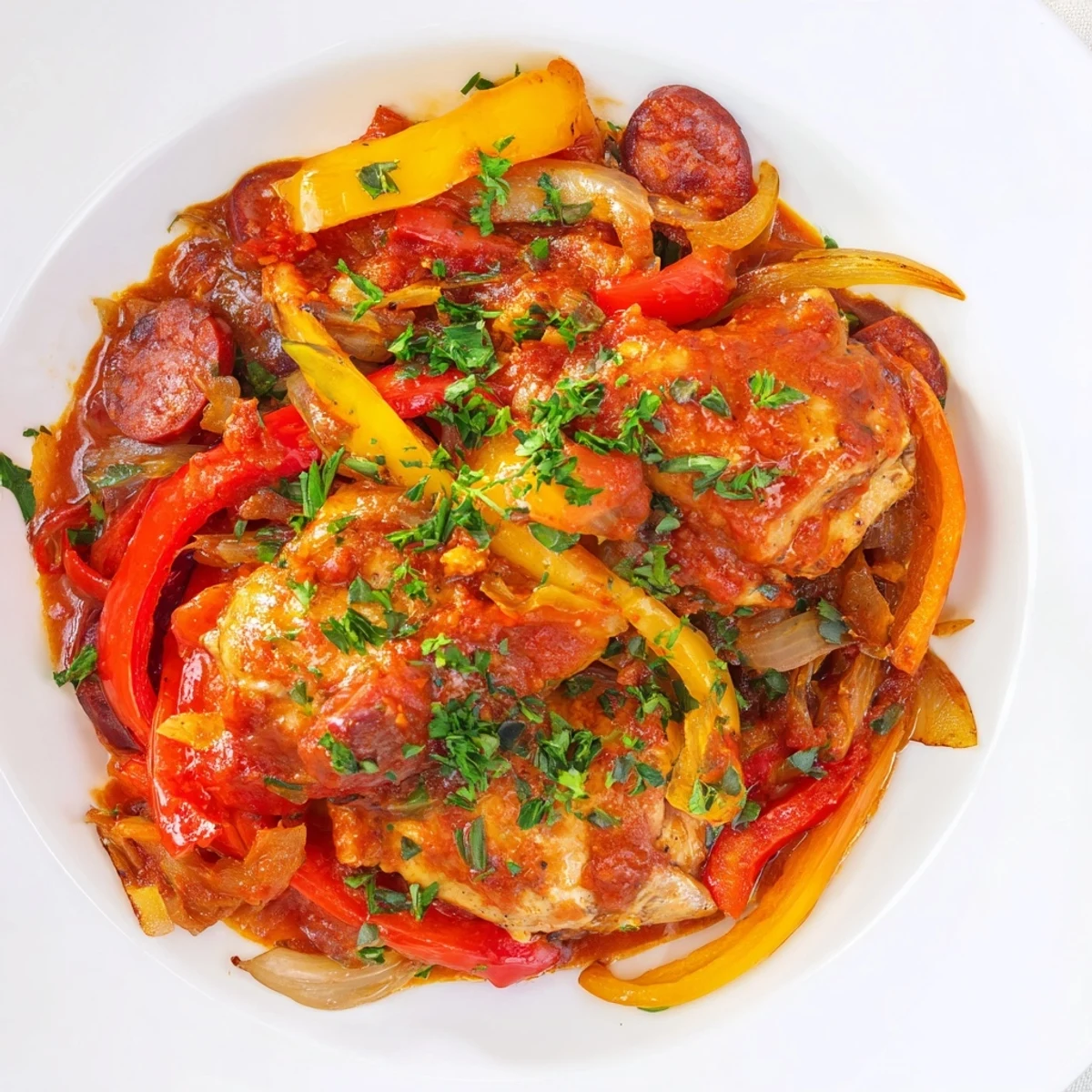 Hearty gluten-free dinner of chicken, chorizo, and capsicums simmered in tomato sauce, ready to serve with crusty bread.
