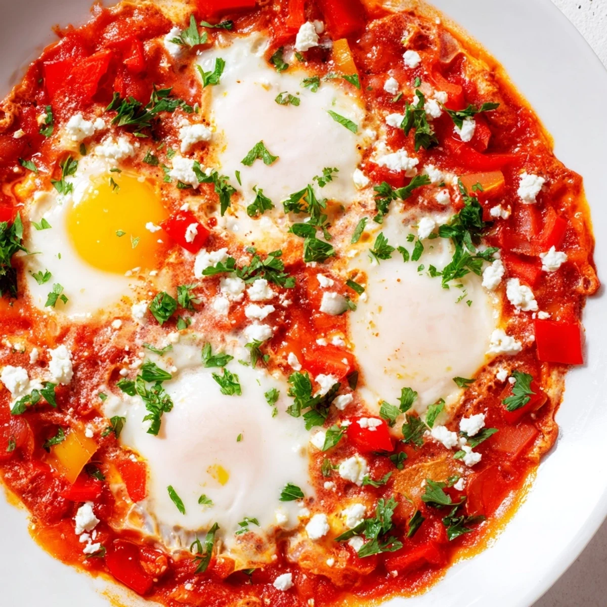 Perfectly poached eggs nestled in a bubbling, spicy tomato and pepper sauce for Quick Shakshuka Eggs.