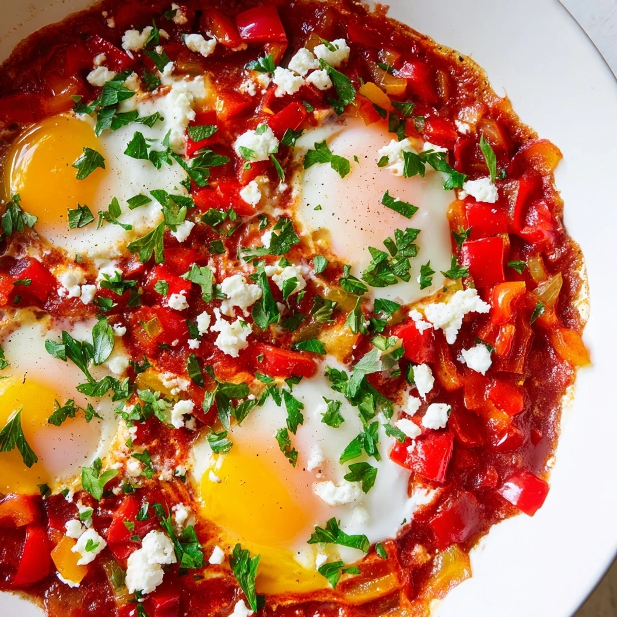 Savory Quick Shakshuka Eggs served hot with fresh parsley and optional crumbled feta on top.