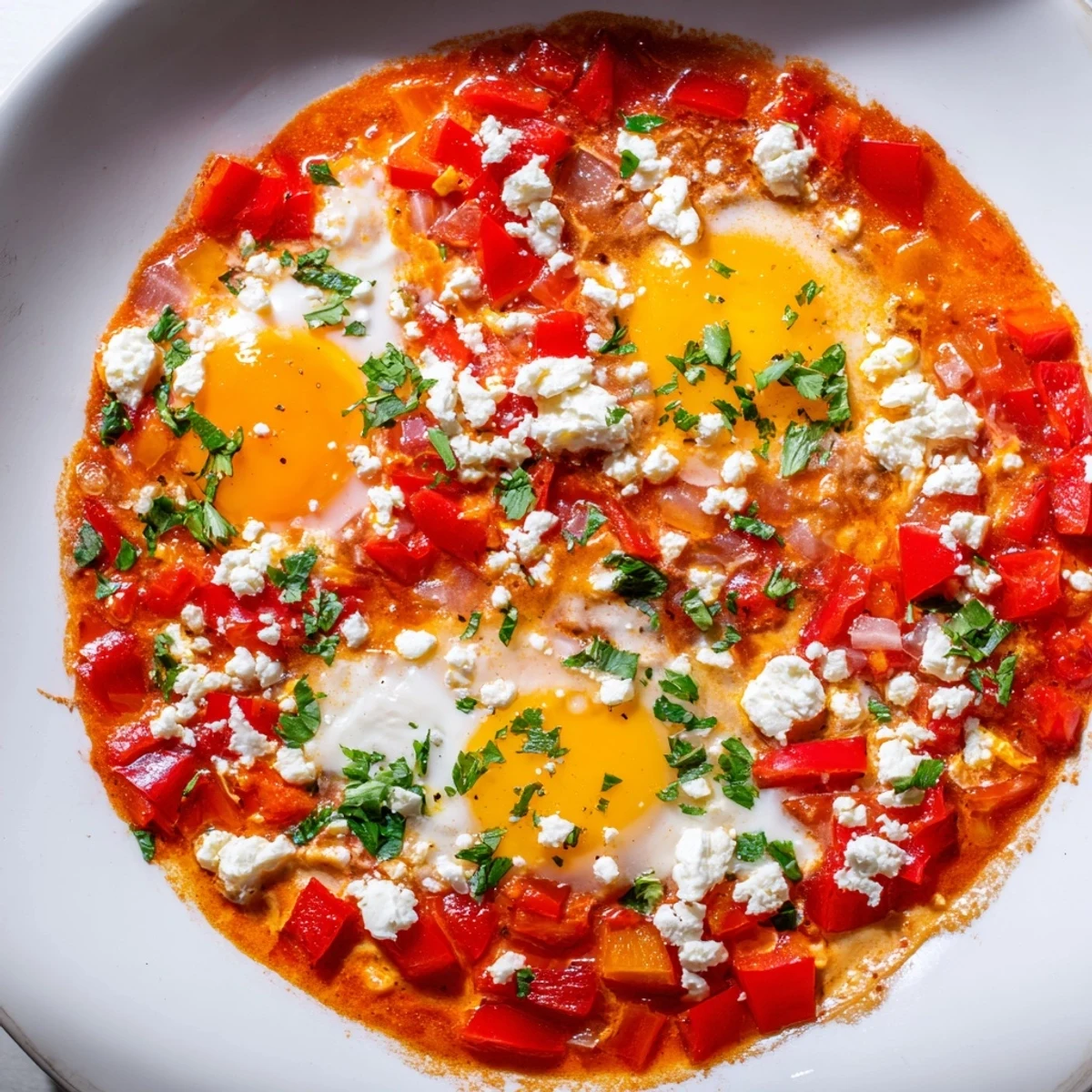 A close-up view of Quick Shakshuka Eggs, featuring runny yolks and a vibrant red sauce in a skillet.