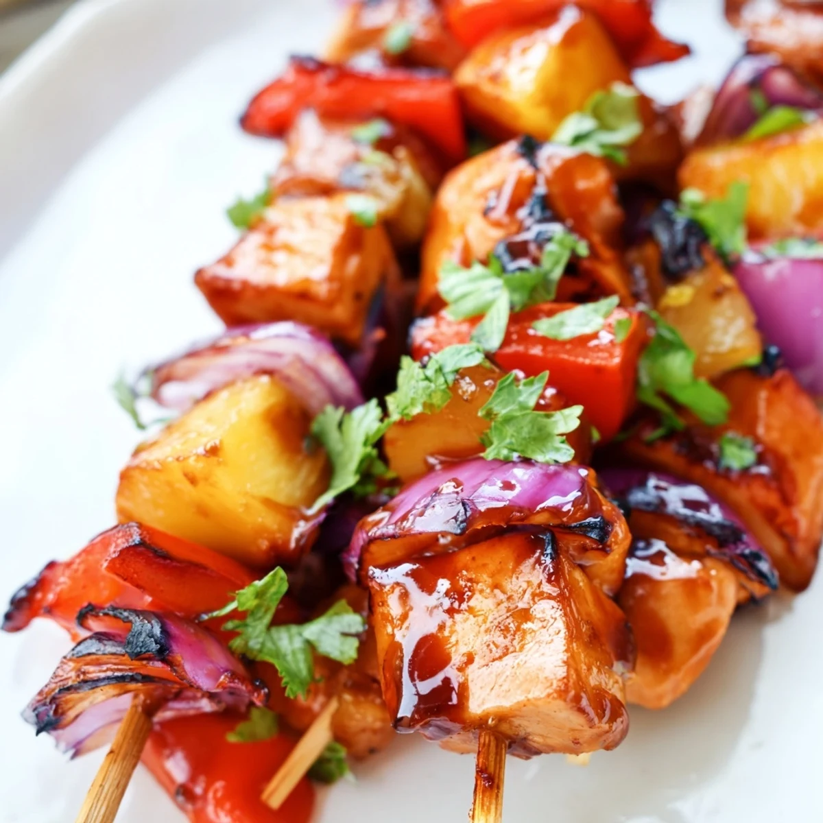 Succulent chicken cubes and sweet pineapple chunks on skewers glisten with smoky BBQ marinade, ready for the grill.