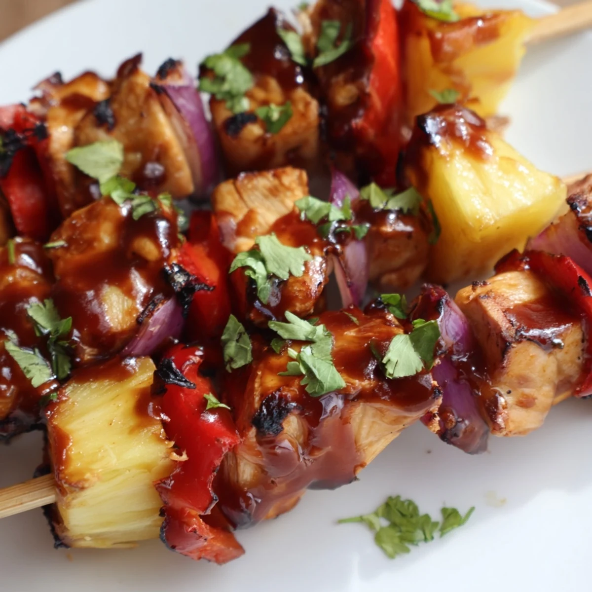 Juicy grilled Chicken and Pineapple BBQ Skewers showcase charred peppers and onions alongside vibrant pineapple pieces.