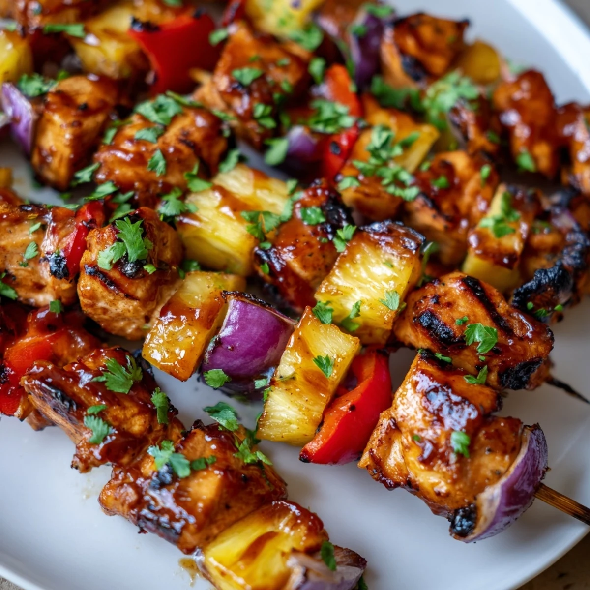 A close-up of Chicken and Pineapple BBQ Skewers highlights caramelized fruit, tender meat, and fresh cilantro garnish.