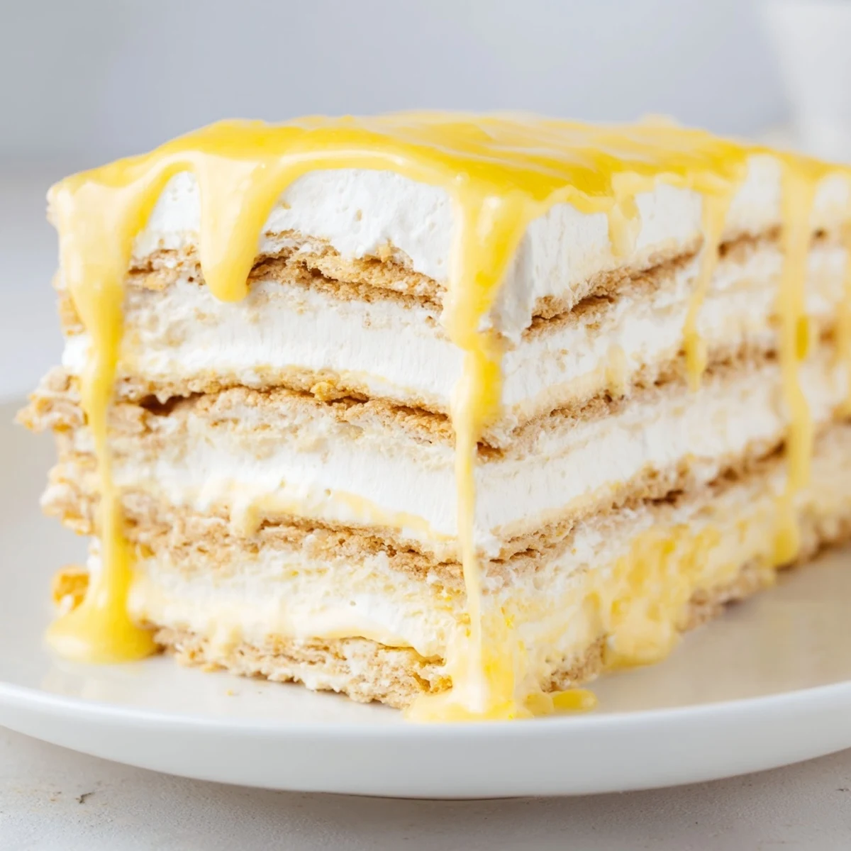Sliced No Bake Lemon Eclair Cake reveals soft graham crackers, lemon cream layers, and silky glaze on a blue plate.