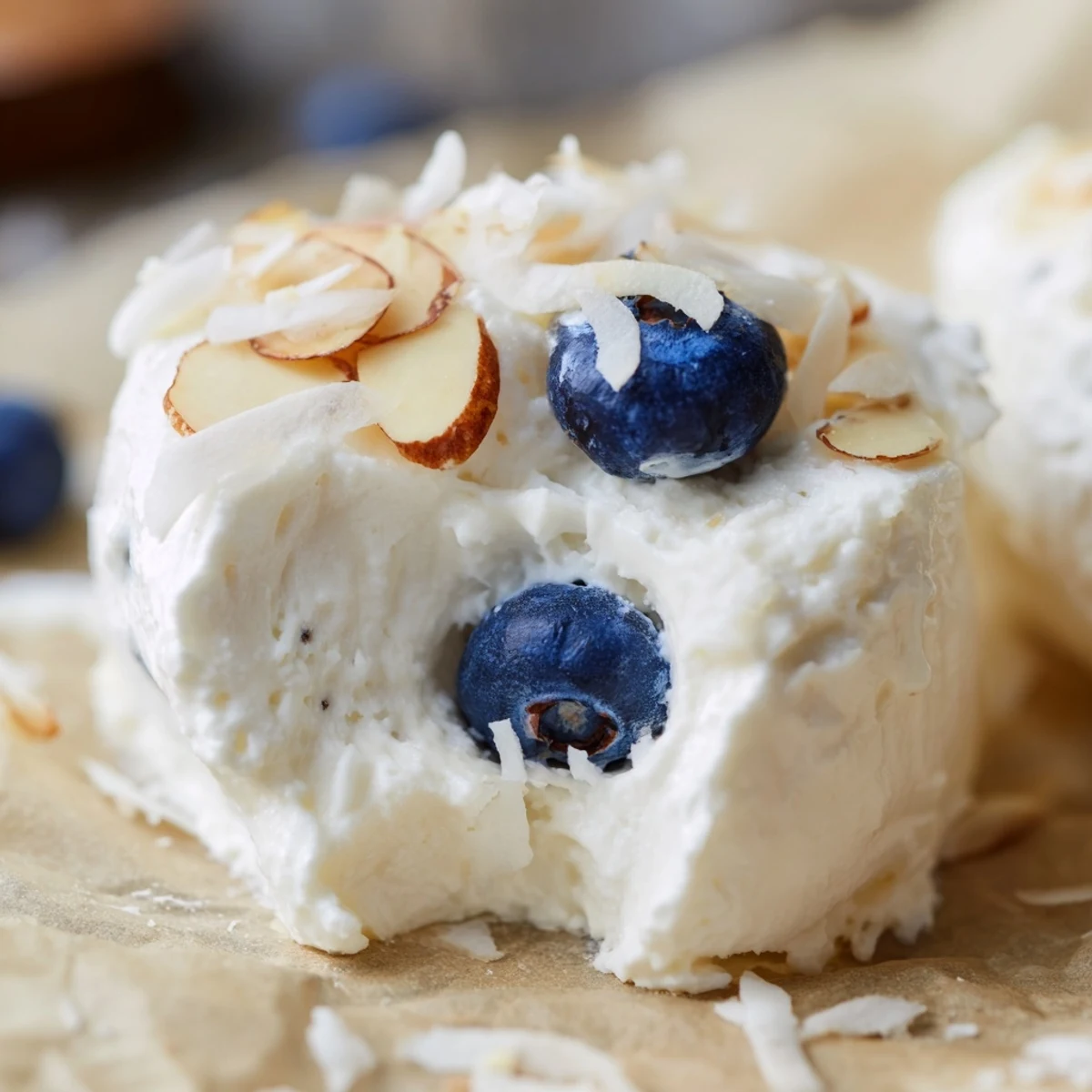 Frozen Blueberry Greek Yogurt Bites topped with shredded coconut on a chilled plate.
