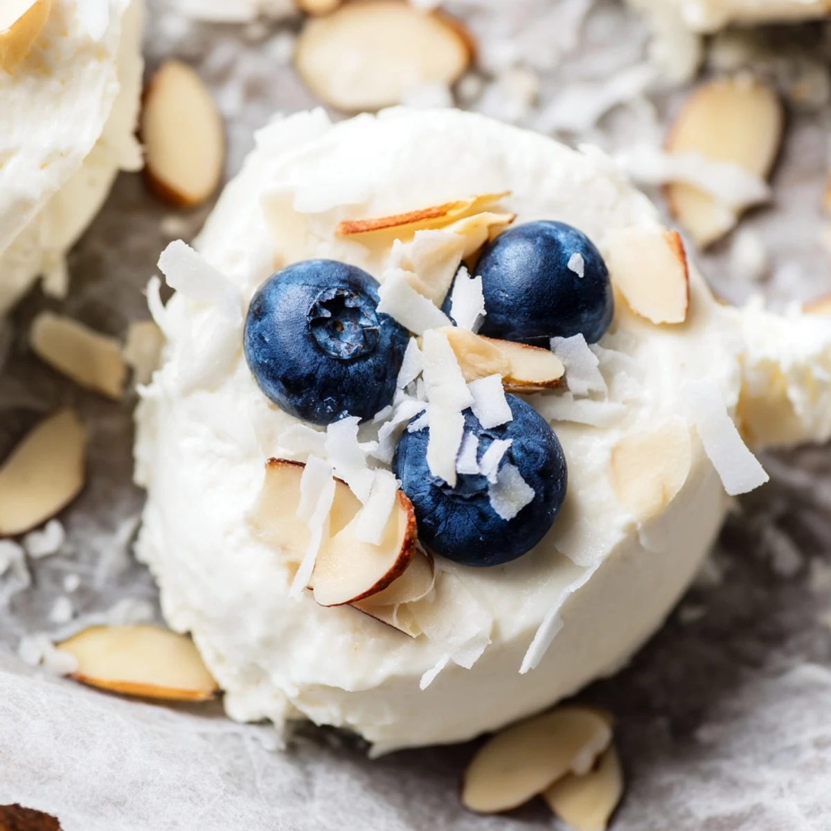 A close-up of Blueberry Greek Yogurt Bites showing creamy texture and fresh blueberries.