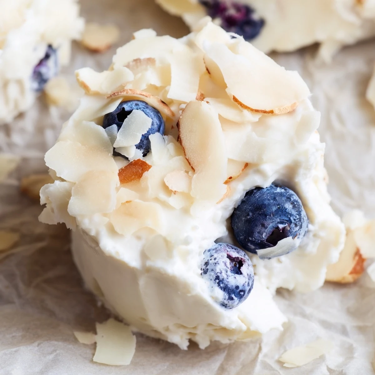 Blueberry Greek Yogurt Bites drizzled with honey and sprinkled with chopped almonds.