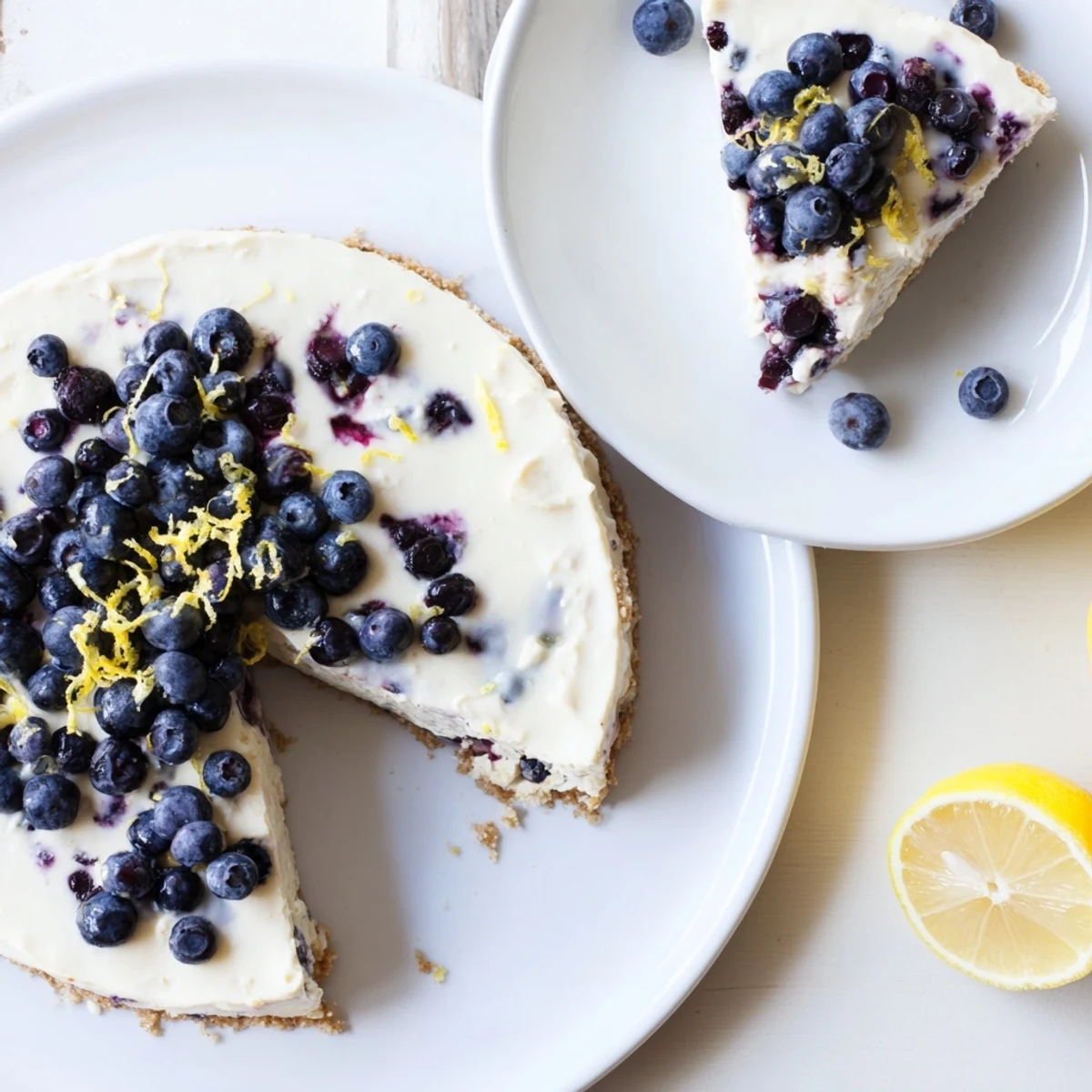 Sliced no bake lemon blueberry cream cake reveals blueberry studded layers and smooth lemon cream filling.