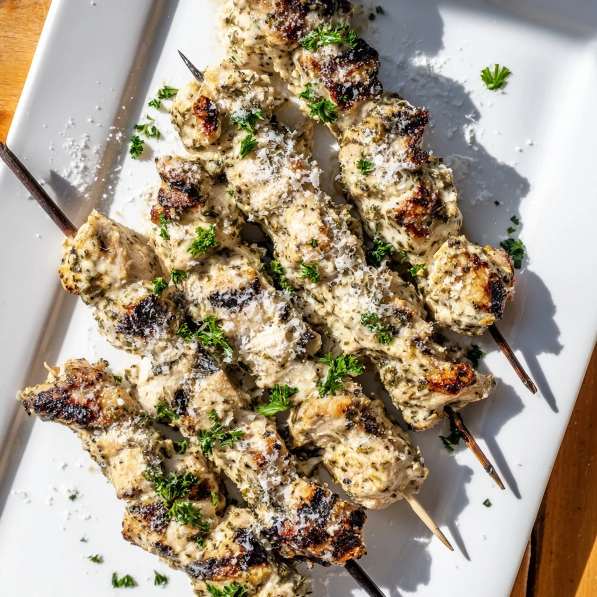 Juicy Ranch Garlic Parmesan Chicken Skewers served on a platter with creamy dipping sauce and grilled vegetables.