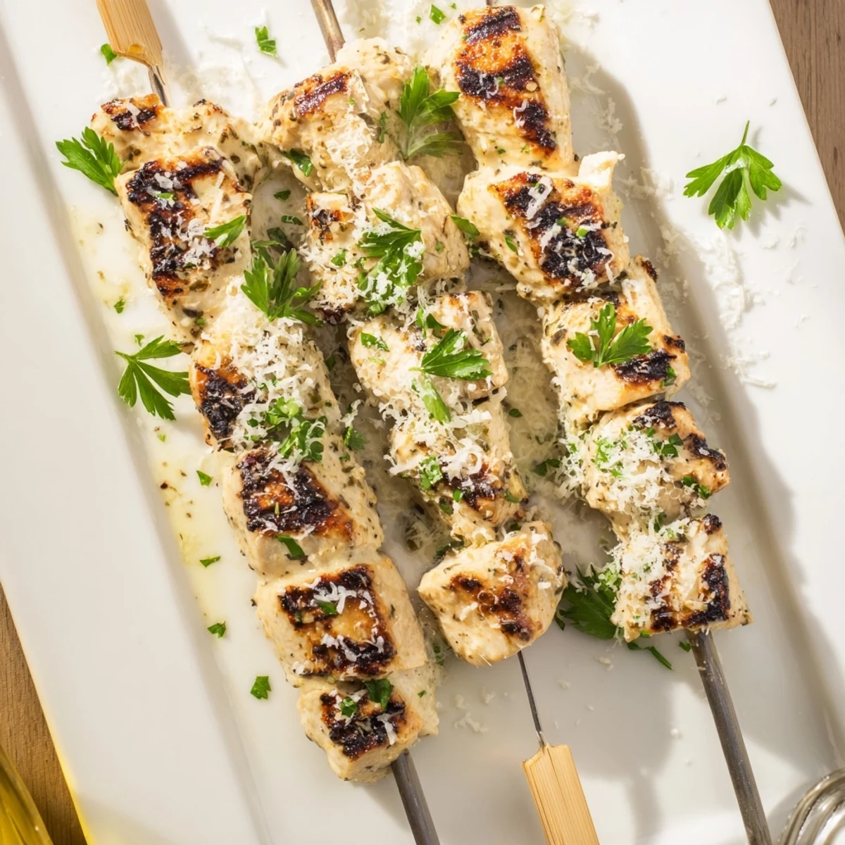 Golden-brown Ranch Garlic Parmesan Chicken Skewers sizzling on the grill with melted cheese and fresh parsley garnish.