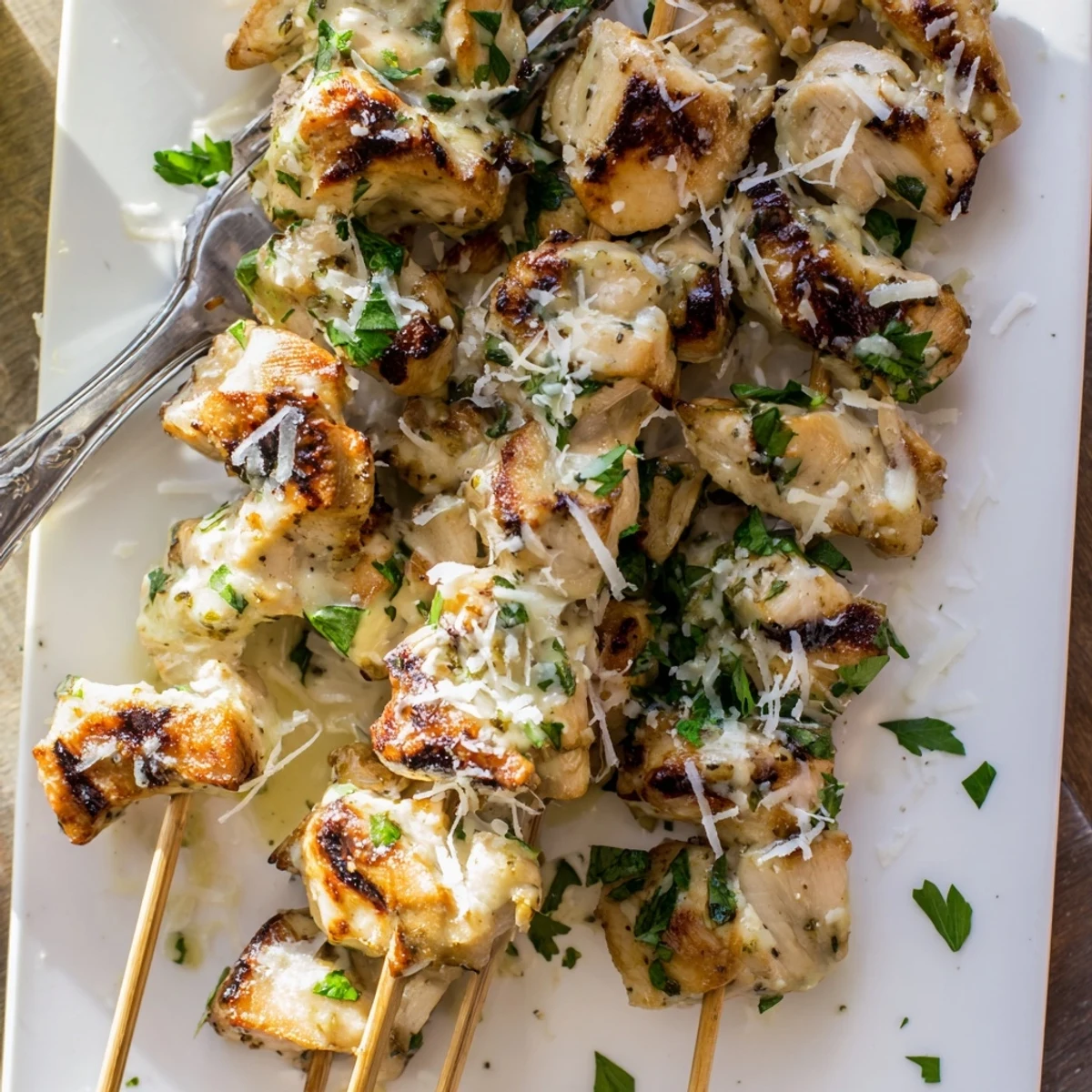 Close-up of Ranch Garlic Parmesan Chicken Skewers revealing tender meat, herbs, and Parmesan crust, perfect for summer barbecue.