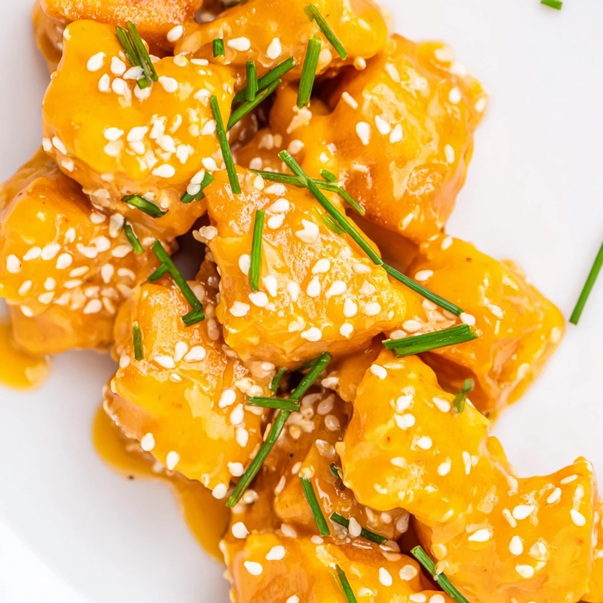 Golden, crispy Bang Bang Salmon Bites glisten with creamy, spicy sauce and fresh green chives on a plate.